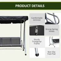 Outsunny 3-Seat Patio Swing Chair, Outdoor Canopy Swing with Stand, Adjustable Shade, Steel Frame for Adults, Garden, Poolside, Black(m-6)