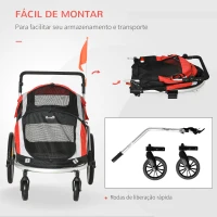 PawHut Reboque de Bicicleta para Cães Dobrável 2 em 1 Carrinho para Cães de Alumínio com Guiador Ajustável Bandeira e 6 Refletores Carga Máxima 40kg 150x82x98cm Vermelho(m-8)