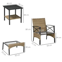 Outsunny 5 Piece PE Rattan Garden Furniture Set - Includes 2 Armchairs, 2 Stools, and Steel Tabletop with Wicker Shelf, Padded Outdoor Seating, Grey(m-3)