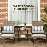 Outsunny 5 Piece PE Rattan Garden Furniture Set - Includes 2 Armchairs, 2 Stools, and Steel Tabletop with Wicker Shelf, Padded Outdoor Seating, Grey(m-4)