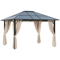 Outsunny 3 x 3.6m Hardtop Gazebo Canopy - Polycarbonate Roof Garden Pavilion with Removable Curtains and Steel Frame, Brown