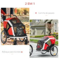 PawHut Reboque de Bicicleta para Cães Dobrável 2 em 1 Carrinho para Cães de Alumínio com Guiador Ajustável Bandeira e 6 Refletores Carga Máxima 40kg 150x82x98cm Vermelho(m-4)