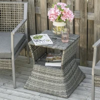 Outsunny Outdoor Patio Rattan Wicker Coffee Table Bistro Side Table with Umbrella Hole and Storage Space, Grey(m-2)