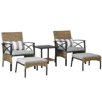 Outsunny 5 Piece PE Rattan Garden Furniture Set - Includes 2 Armchairs, 2 Stools, and Steel Tabletop with Wicker Shelf, Padded Outdoor Seating, Grey(m-1)