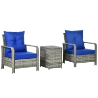 Outsunny 3 pcs PE Rattan Wicker Garden Furniture Patio Bistro Set - Weave Conservatory Sofa, Storage Table, and Chairs Set, Blue(m-1)