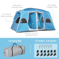 Outsunny 4-8 Person Camping Tent Family Tent with 2 Room, Mesh Windows, Easy Set Up for Backpacking, Hiking, Outdoor, Blue(m-5)