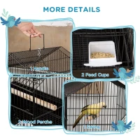 PawHut Metal Bird Cage with Plastic Swing Perch Food Container Tray Handle for Finch Canary Budgie 50.5 x 40 x 63cm Black(m-4)