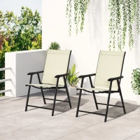 Outsunny Set of 2 Folding Garden Chairs - Metal Frame Outdoor Patio Park Dining Seats with Breathable Mesh Seat, Beige(m-2)
