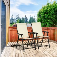 Outsunny Set of 2 Folding Garden Chairs - Metal Frame Outdoor Patio Park Dining Seats with Breathable Mesh Seat, Beige(m-10)