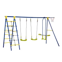 Outsunny Juego de Columpios Infantil de Metal con 2 Asientos Doble Balancín Escalera Torre de Escalada y Canasta Parque de Jardín para Niños +3 Años 315x138x175 cm Multicolor(m-10)