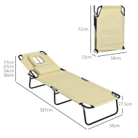 Outsunny Outdoor Foldable Sun Lounger Set of 2, 4 Level Adjustable Backrest Reclining Sun Lounger Chair with Pillow and Reading Hole, Beige(m-3)