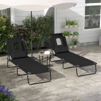 Outsunny Outdoor Foldable Sun Lounger Set of 2, 4 Level Adjustable Backrest Reclining Sun Lounger Chair with Pillow and Reading Hole, Black(m-2)
