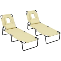 Outsunny Outdoor Foldable Sun Lounger Set of 2, 4 Level Adjustable Backrest Reclining Sun Lounger Chair with Pillow and Reading Hole, Beige(m-11)