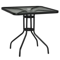 Outsunny Square Patio Table - Tempered Glass Top Bistro Table, Garden Dining Table, Outdoor Accent Coffee Table, 76 x 76cm, Steel Frame with Umbrella Hole(m-1)