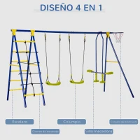 Outsunny Juego de Columpios Infantil de Metal con 2 Asientos Doble Balancín Escalera Torre de Escalada y Canasta Parque de Jardín para Niños +3 Años 315x138x175 cm Multicolor(m-5)