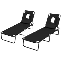 Outsunny Outdoor Foldable Sun Lounger Set of 2, 4 Level Adjustable Backrest Reclining Sun Lounger Chair with Pillow and Reading Hole, Black(m-1)