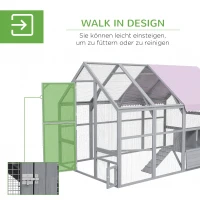 PawHut Kippenren Kippenhok Kippenhuis, toegankelijk, weerbestendig, 280 x 185,5 x 188 cm, Grijs(m-5)