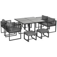 Outsunny 8 Seater Garden Dining Cube Set - Aluminium Outdoor Furniture Set Including Dining Table, 4 Chairs, and 4 Footstools with Cushions, Grey(m-1)