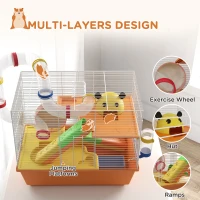 PawHut 3 Tiers Gerbil Cage, Hamster Cage with Tubes, Exercise Wheel, Ladder, Top Handle, 45 x 28 x 37cm - Orange(m-5)