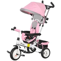 HOMCOM 6 in 1 Kids Trike Push Bike w/ Push Handle, Canopy, 5-point Safety Belt, Storage, Footrest, Brake, for 1-5 Years, Pink(m-11)