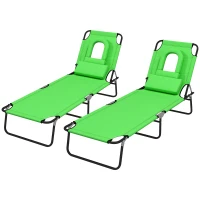 Outsunny Outdoor Foldable Sun Lounger Set of 2, 4 Level Adjustable Backrest Reclining Sun Lounger Chair with Pillow and Reading Hole, Green(m-1)