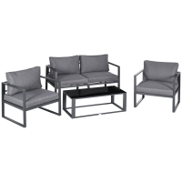Outsunny 4 Pieces Garden Sofa Set, Including 2 Single Armchairs, 1 Bench & Side Table, Aluminium Frame Patio Furniture with Cushions, Grey