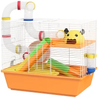 PawHut 3 Tiers Gerbil Cage, Hamster Cage with Tubes, Exercise Wheel, Ladder, Top Handle, 45 x 28 x 37cm - Orange(m-1)