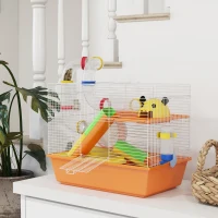 PawHut 3 Tiers Gerbil Cage, Hamster Cage with Tubes, Exercise Wheel, Ladder, Top Handle, 45 x 28 x 37cm - Orange(m-10)