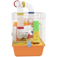 PawHut 3 Tiers Gerbil Cage, Hamster Cage with Tubes, Exercise Wheel, Ladder, Top Handle, 45 x 28 x 37cm - Orange(m-9)