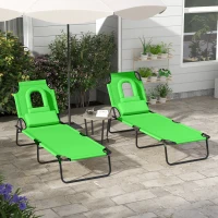 Outsunny Outdoor Foldable Sun Lounger Set of 2, 4 Level Adjustable Backrest Reclining Sun Lounger Chair with Pillow and Reading Hole, Green(m-2)