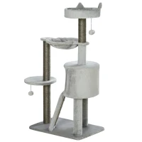 Pawhut Drapak z Kryjówką, Łóżkiem dla Kota, Hamakiem i Zabawkami 60 cm x 40 cm x 113 cm, Jasnoszary(m-10)