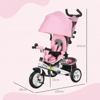 HOMCOM 6 in 1 Kids Trike Push Bike w/ Push Handle, Canopy, 5-point Safety Belt, Storage, Footrest, Brake, for 1-5 Years, Pink(m-3)
