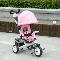 HOMCOM 6 in 1 Kids Trike Push Bike w/ Push Handle, Canopy, 5-point Safety Belt, Storage, Footrest, Brake, for 1-5 Years, Pink(m-10)