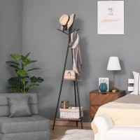 HOMCOM Cabide de Pé Metálico com 6 Ganchos e Prateleiras Cabide de Pé para Pendurar Roupas Bolsas Chapéus 46x52x182 cm Preto e Madeira(m-9)
