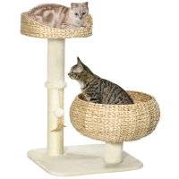 PawHut Scratching Post, Two Cat Beds with Washable Cushions, Two Scratching Posts, Play Ball, Beige+Cream, 48 x 48 x 72cm