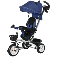 HOMCOM Metal Frame 6 in 1 Baby Push Tricycle with Parent Handle for 1-5 Years Old, Dark Blue(m-11)