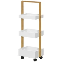 HOMCOM Carrinho de Casa de Banho de Bambu com Rodas e 3 Cestos de Armazenamento 28x18x75 cm Branco e Madeira(m-11)