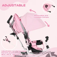 HOMCOM 6 in 1 Kids Trike Push Bike w/ Push Handle, Canopy, 5-point Safety Belt, Storage, Footrest, Brake, for 1-5 Years, Pink(m-5)