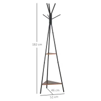 HOMCOM Cabide de Pé Metálico com 6 Ganchos e Prateleiras Cabide de Pé para Pendurar Roupas Bolsas Chapéus 46x52x182 cm Preto e Madeira(m-3)