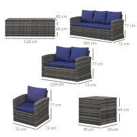 Outsunny 6 Pieces Outdoor Rattan Wicker Sofa Set Sectional Patio Conversation Furniture Set w/ Storage Table & Cushion Navy Blue(m-3)