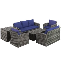 Outsunny 6 Pieces Outdoor Rattan Wicker Sofa Set Sectional Patio Conversation Furniture Set w/ Storage Table & Cushion Navy Blue(m-11)
