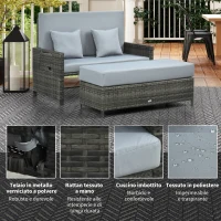 Outsunny Sofa ogrodowa z technorattanu, zestaw 2-osobowy, leżak ogrodowy, podnóżek, kolor szary(m-5)