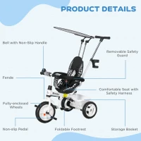 HOMCOM 6 in 1 Tricycle for Kids with 5-point harness straps, Removable Canopy, White(m-7)