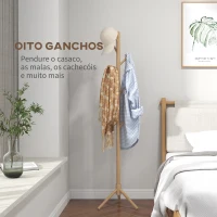 HOMCOM Cabide de Pé de Madeira com 8 Ganchos para Pendurar Roupa e Bolsas Forma de Árvore para Corredor Entrada 40x40x165 cm Natural(m-4)