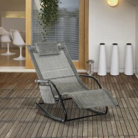 Outsunny Outdoor Garden Rocking Chair, Patio Sun Lounger Rocker Chair with Breathable Mesh Fabric, Removable Headrest Pillow, Armrest, Side Storage Bag, Dark Grey(m-11)