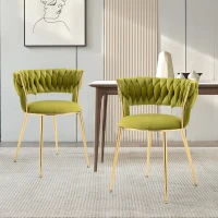 Ensemble de 2 chaises de salle à manger en tissu velours doux, style moderne avec dossier tressé et accoudoirs, Vert(m-4)