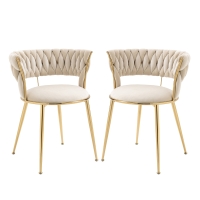 Juego de 2 Sillas de Comedor en Terciopelo Estilo Moderno con Respaldo Trenzado y Brazos Beige