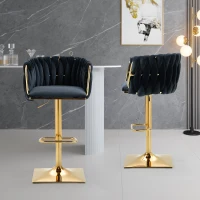 2 Tabourets de bar style art déco avec dossier et repose-pieds, chaise haute hauteur d'assise réglable pivotant 360°, noir(m-6)