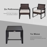 Outsunny Conjunto de Móveis de Jardim de Vime 3 Peças com 1 Mesa 42,5x40x39 cm 2 Poltronas 63x57x76 cm Almofada Acolchoada para Pátio Varanda Marrom(m-5)