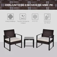Outsunny Conjunto de Móveis de Jardim de Vime 3 Peças com 1 Mesa 42,5x40x39 cm 2 Poltronas 63x57x76 cm Almofada Acolchoada para Pátio Varanda Marrom(m-4)
